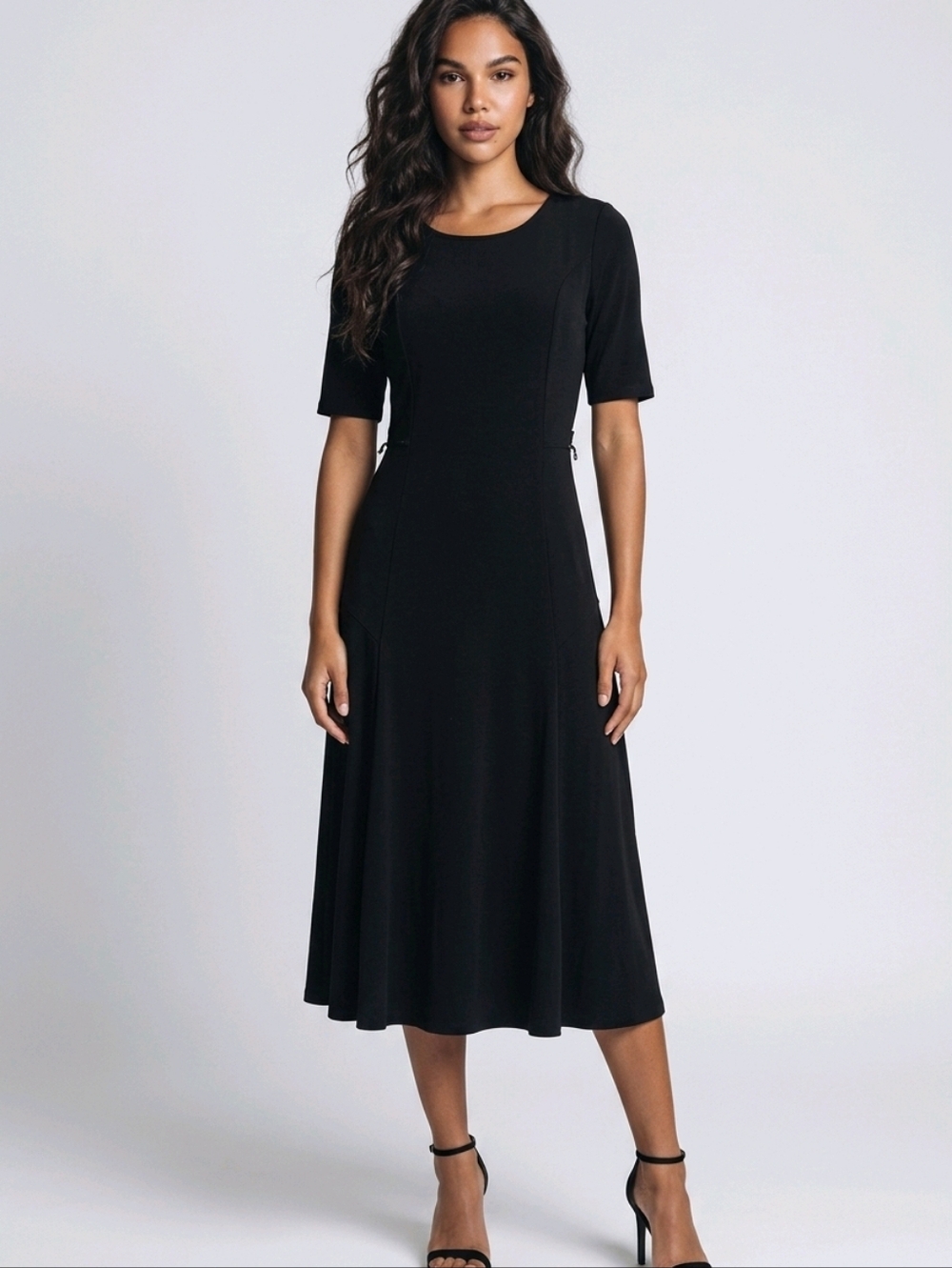 Nina Leonard Black Midi A-Line Short Sleeve Dress